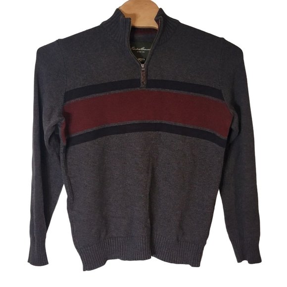 Eddie Bauer 1/4 Zip Sweater Cotton Gray Burgandy Striped Size Medium Men's - Picture 1 of 4